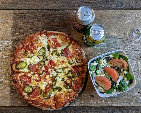 small pizza, 2 cans of pop, greek salad