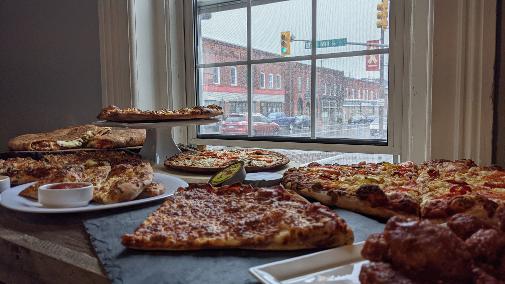 spread of pizza.